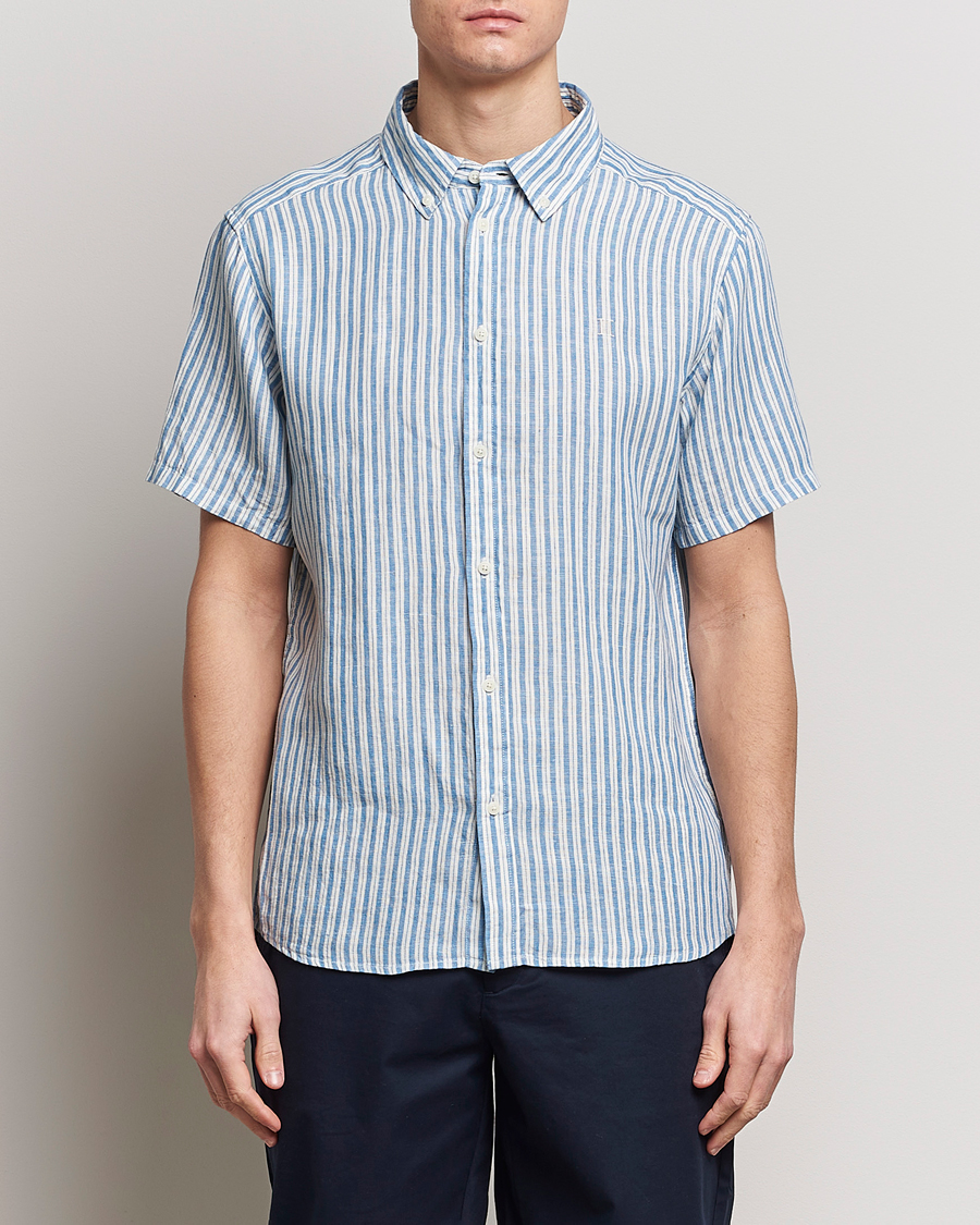 Herre | LES DEUX | LES DEUX | Kris Linen Striped Short Sleeve Shirt Blue/Ivory