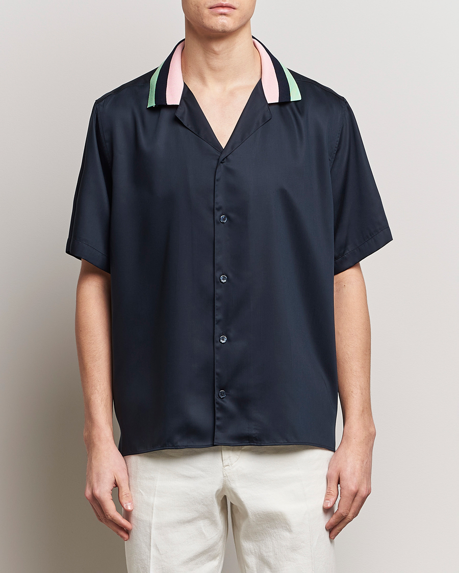 Herre | Kortærmede skjorter | J.Lindeberg | Skala Knit Collar Tencel Shirt Navy