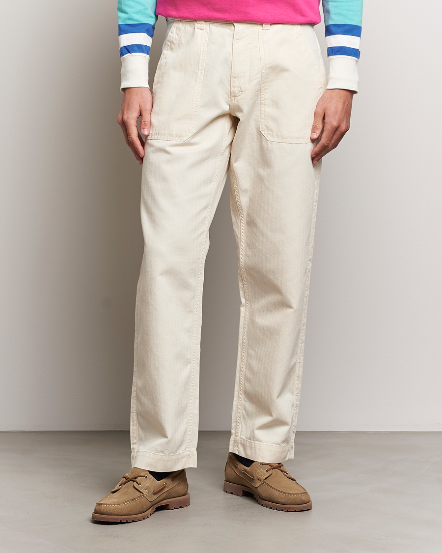 Herre | Bukser | Drake's | Herringbone Fatigue Cotton Trousers Ecru