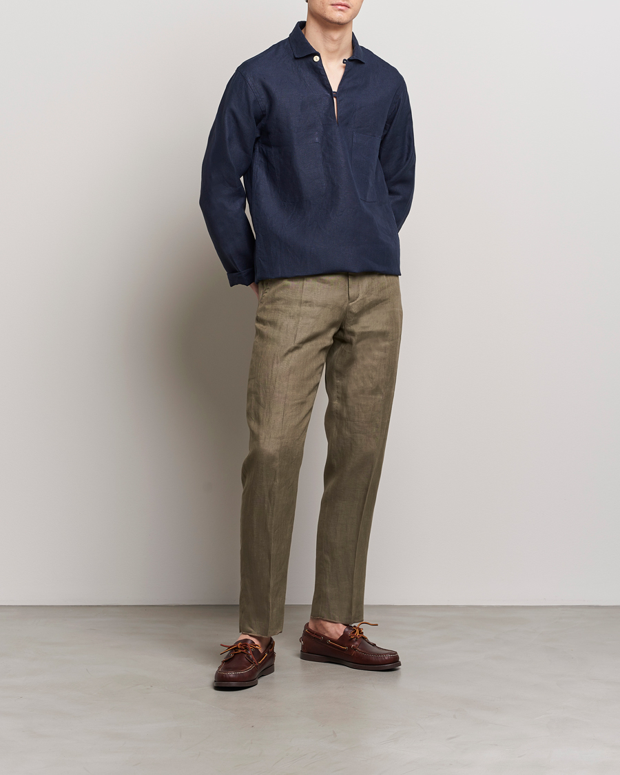 Herre | Skjorter | Drake's | Marine Linen Smock Navy