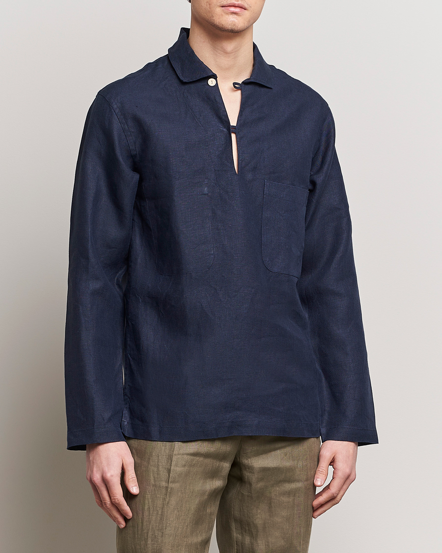 Herre | Hørskjorter | Drake's | Marine Linen Smock Navy