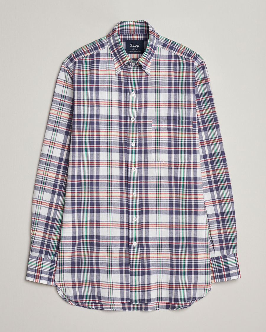 Herre |  | Drake\'s | Madras Checked Linen Button Down Shirt Navy