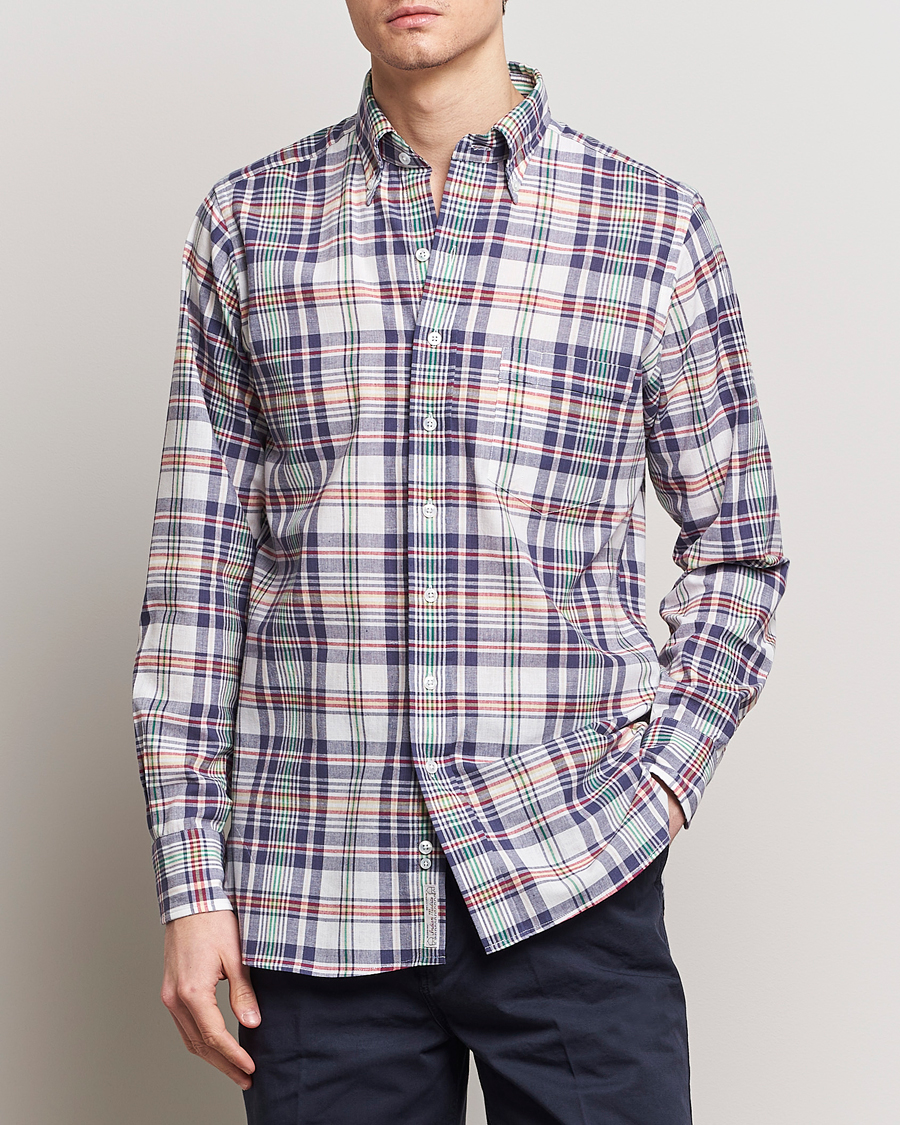 Herre | Preppy Authentic | Drake's | Madras Checked Linen Button Down Shirt Navy