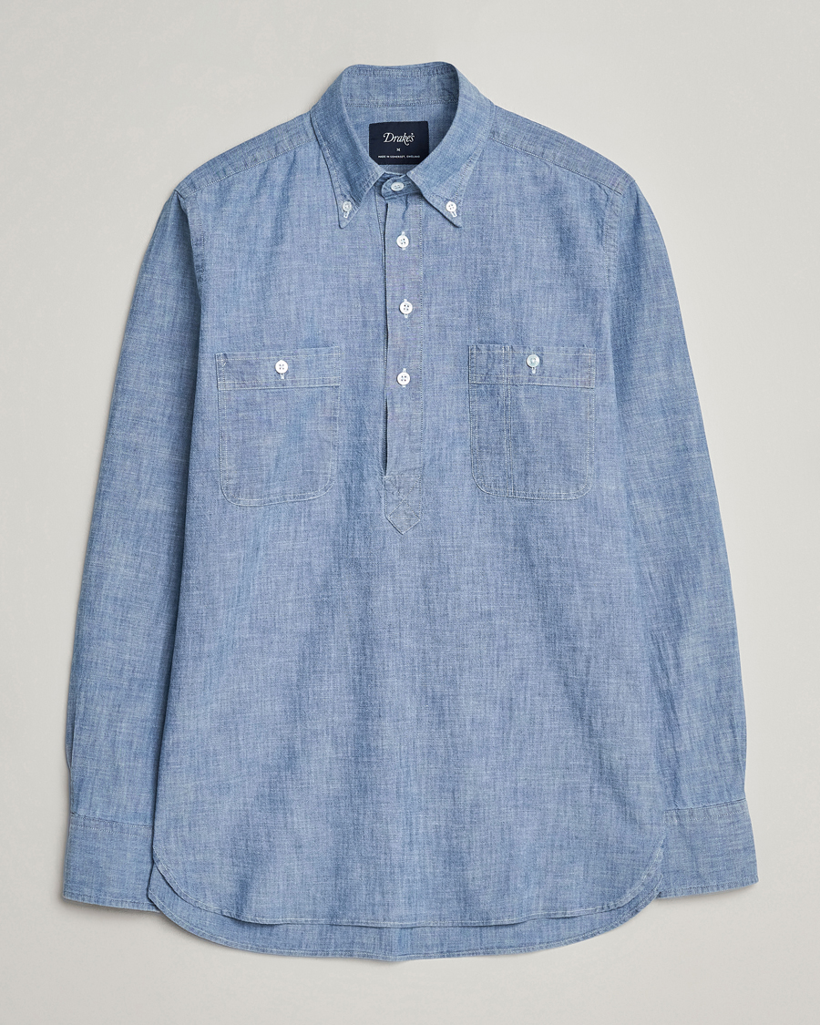 Herre | Skjorter | Drake's | Chambray Popover Work Shirt Blue