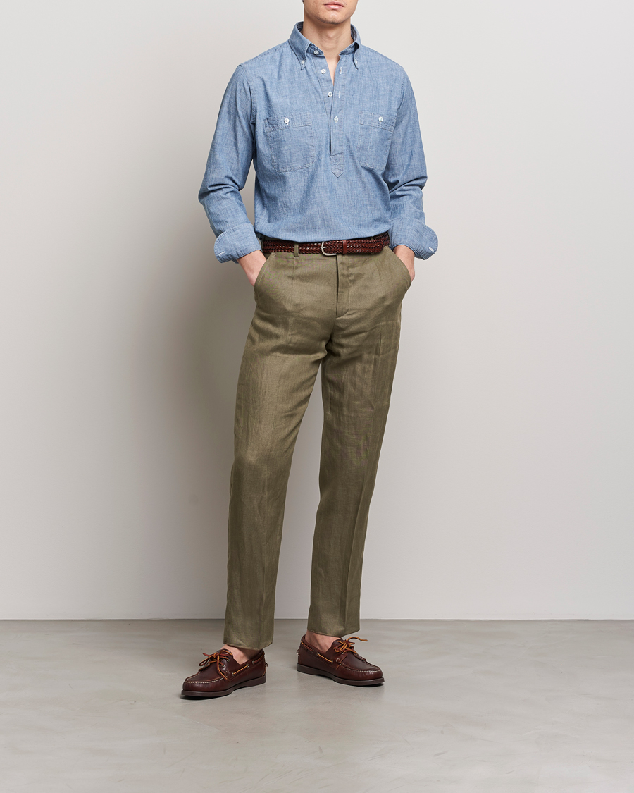 Herre | Skjorter | Drake's | Chambray Popover Work Shirt Blue