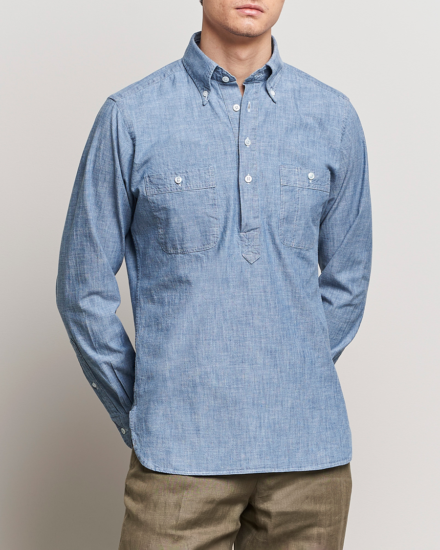 Herre | Best of British | Drake's | Chambray Popover Work Shirt Blue