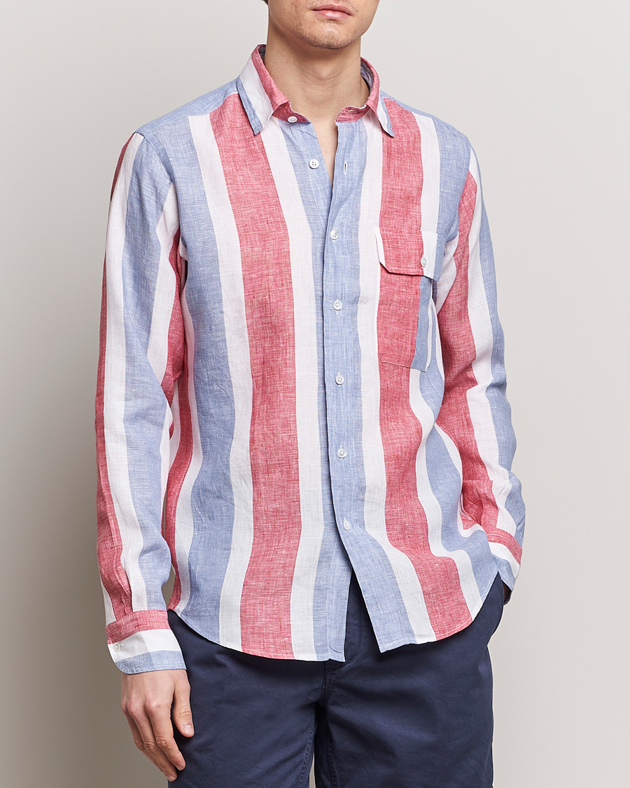 Herre |  | Drake's | Thick Stripe Linen Shirt Red/Blue