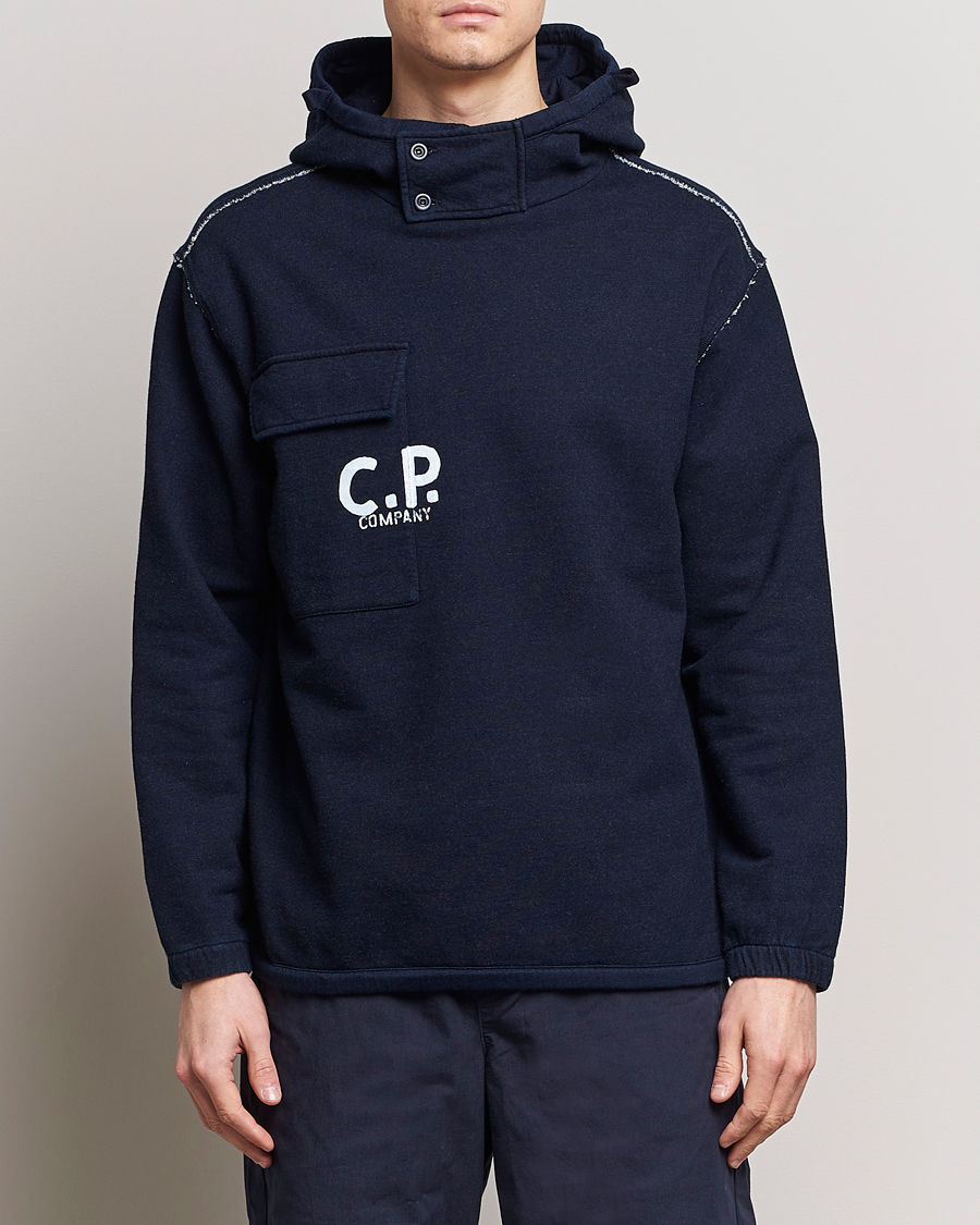 Herre | Hættetrøjer | C.P. Company | Washed Indigo Fleece Hooded Sweatshirt Navy