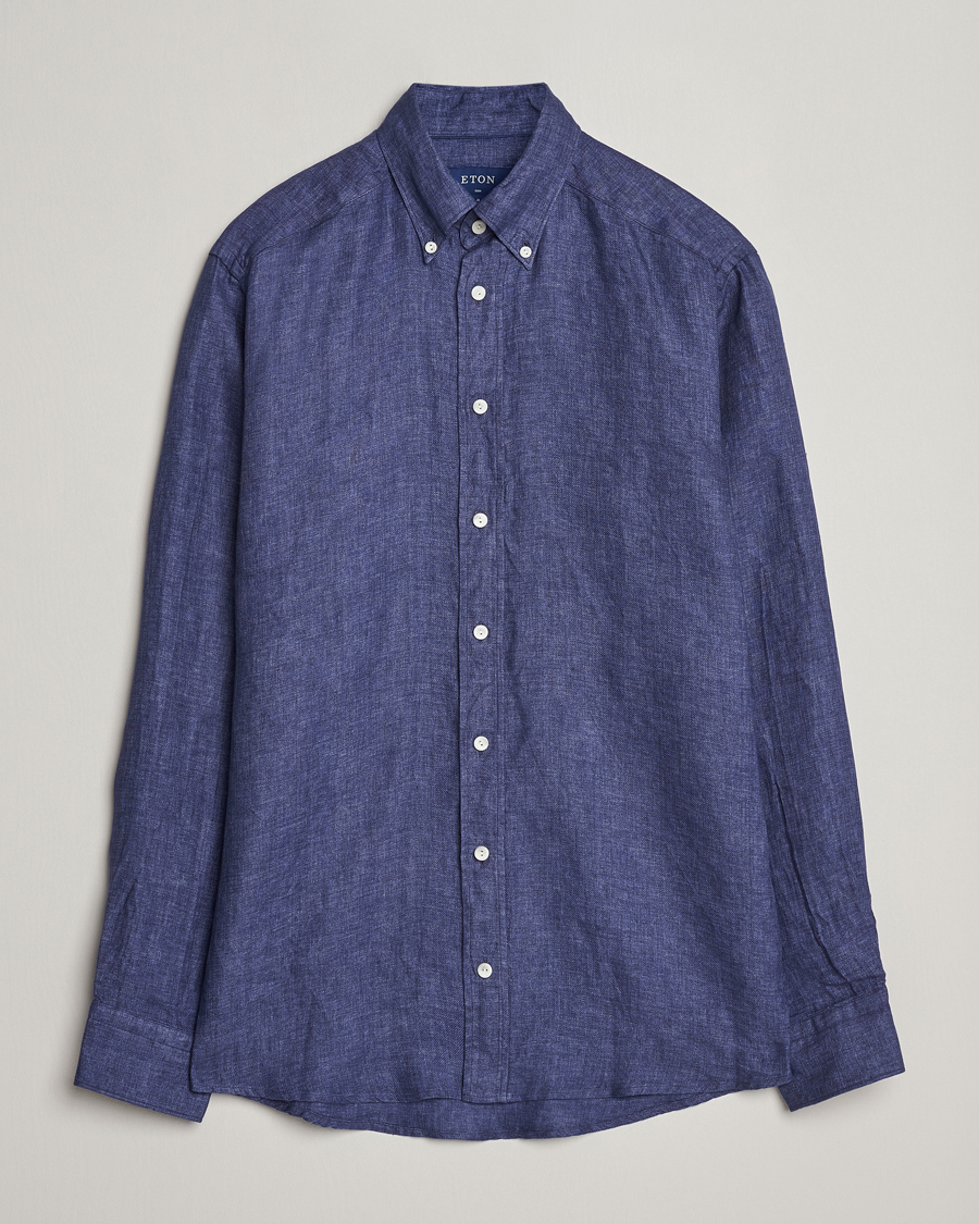 Herre |  | Eton | Slim Fit Linen Button Down Shirt Navy Blue