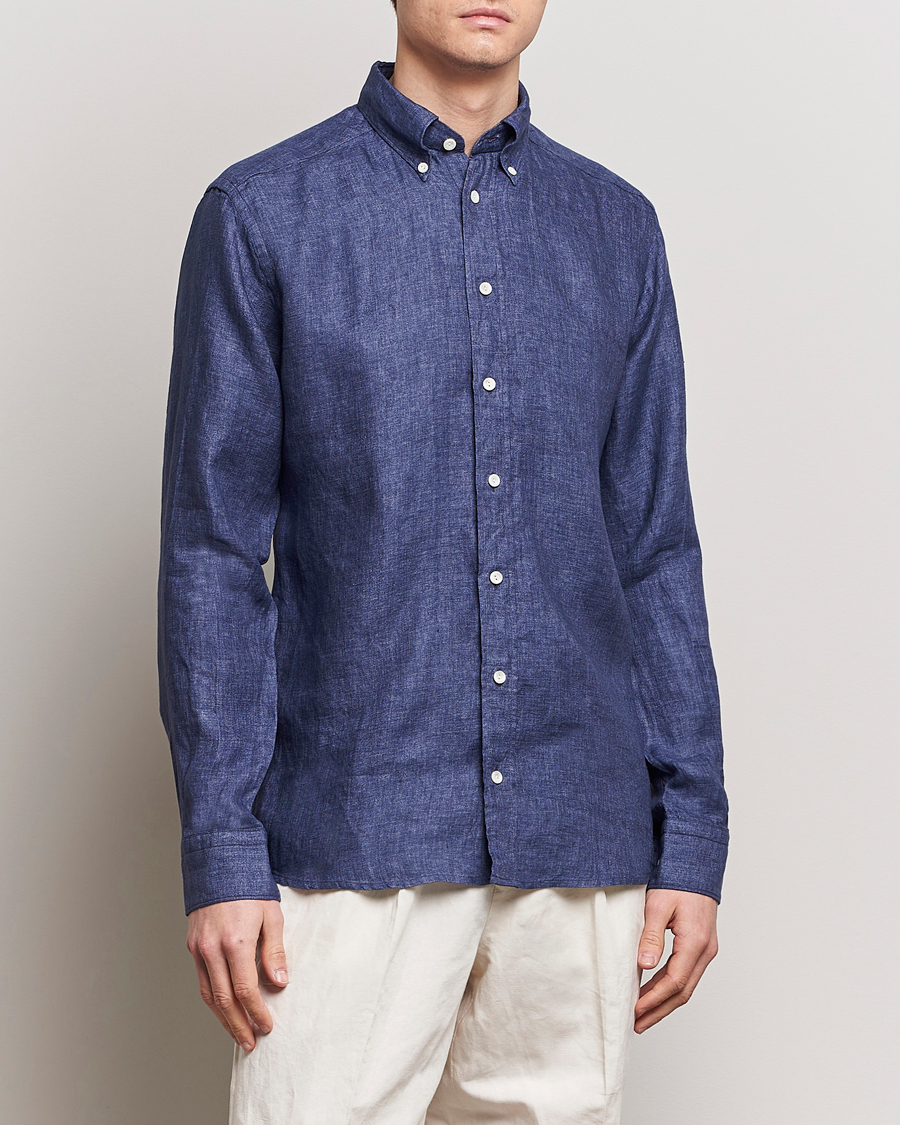 Herre | Hørskjorter | Eton | Slim Fit Linen Button Down Shirt Navy Blue