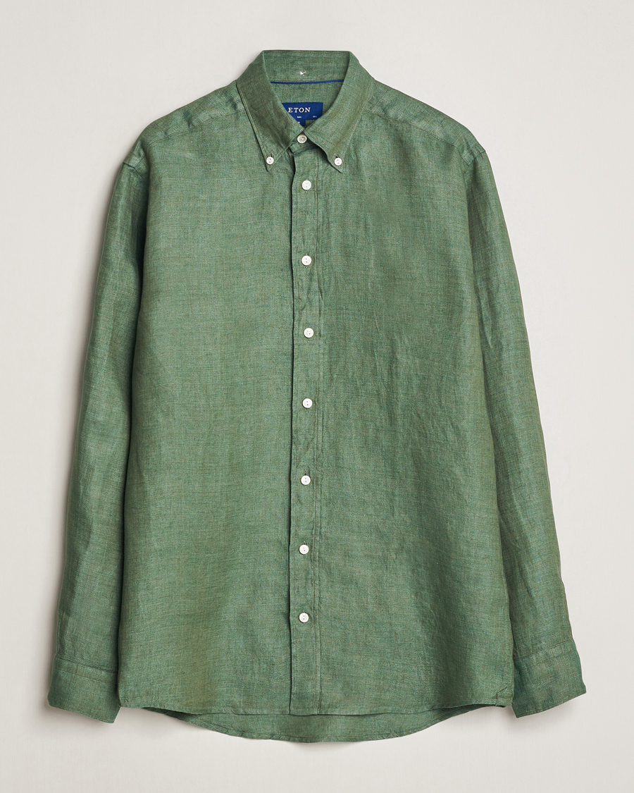 Herre |  | Eton | Slim Fit Linen Button Down Shirt Dark Green