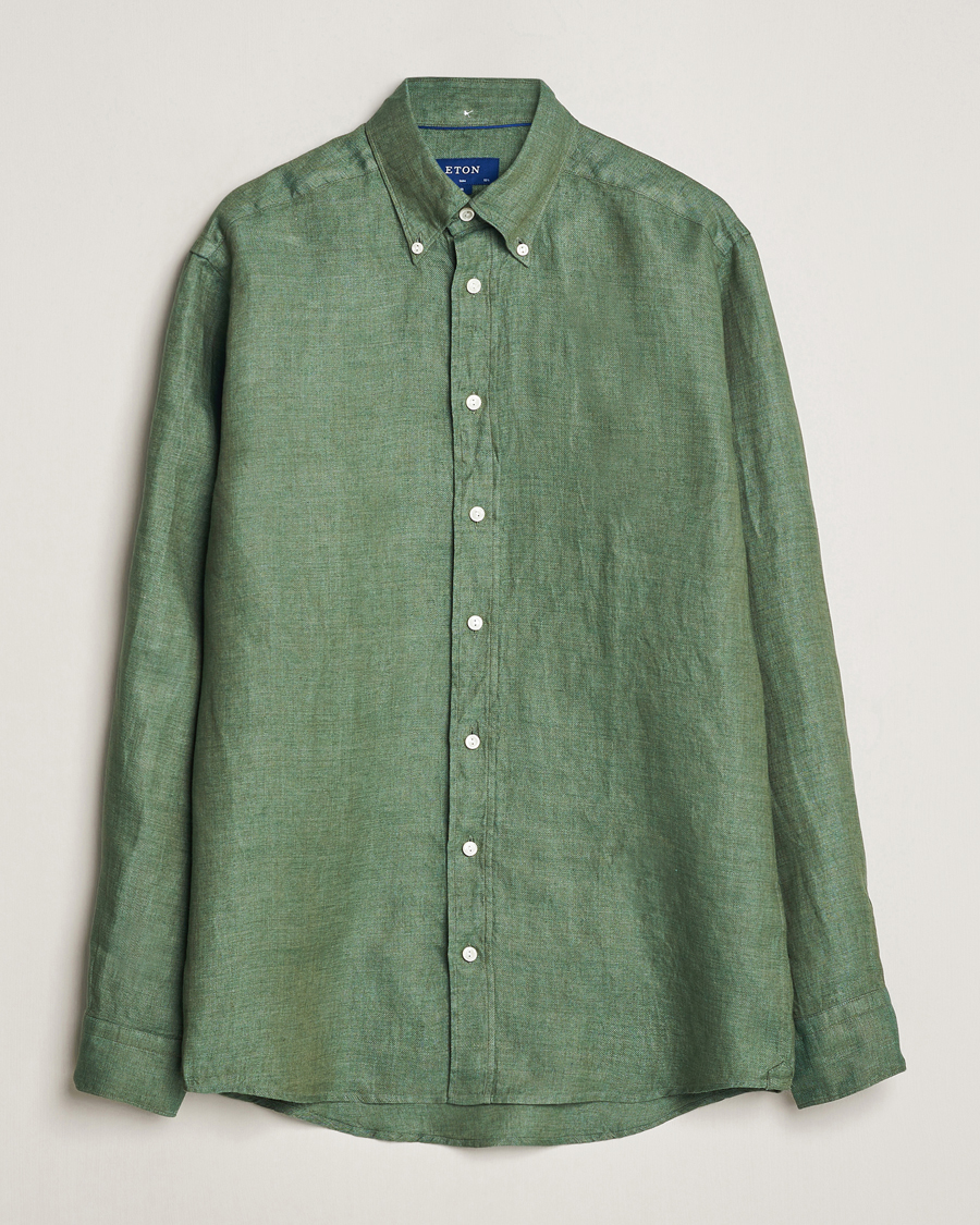 Herre | Skjorter | Eton | Slim Fit Linen Button Down Shirt Dark Green