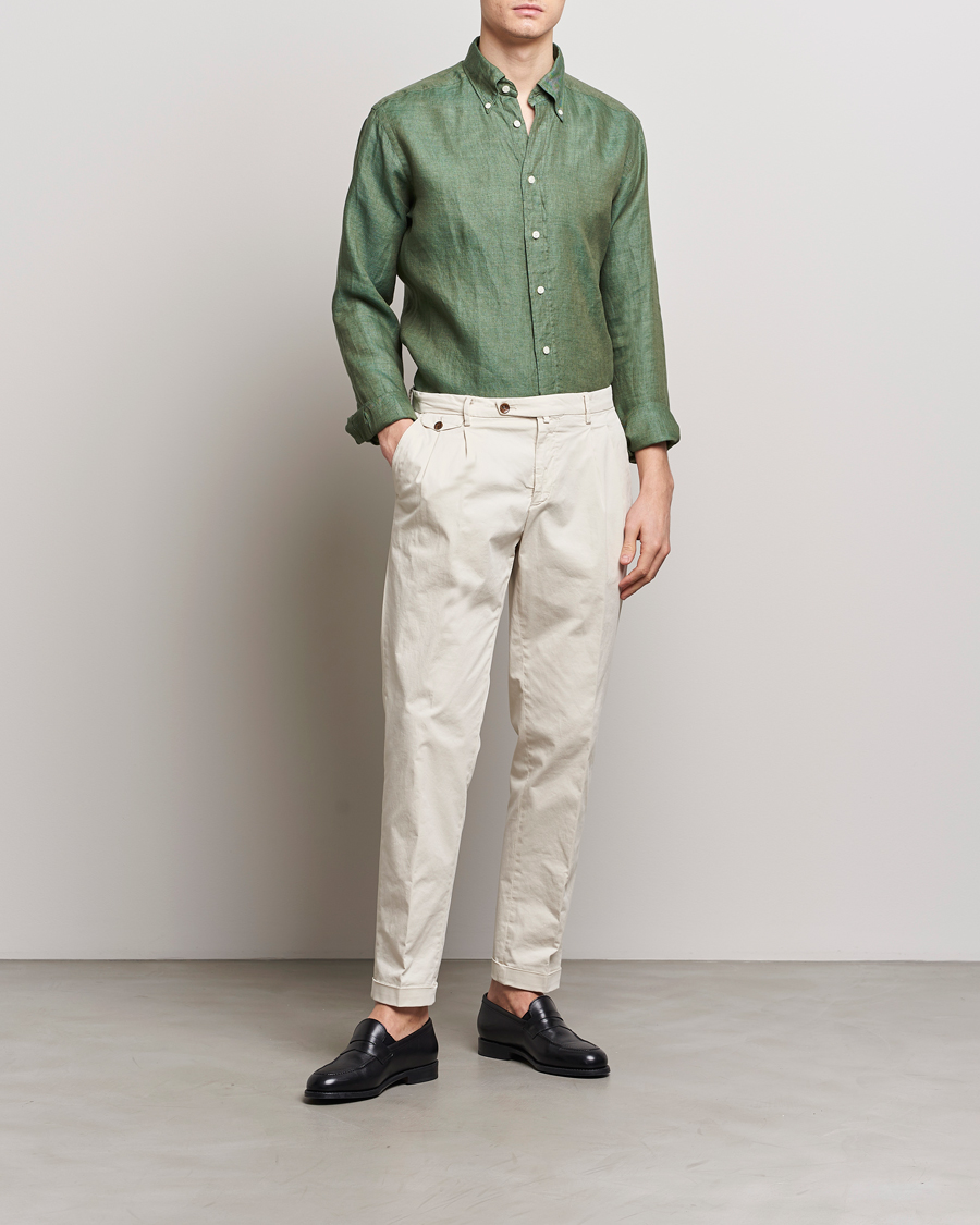 Herre | Skjorter | Eton | Slim Fit Linen Button Down Shirt Dark Green