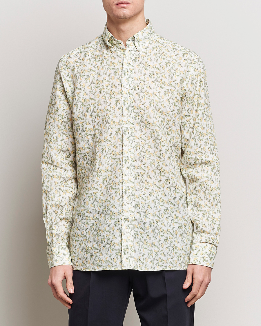 Herre | Business & Beyond | Eton | Contemporary Fit Printed Linen Shirt Green Banana