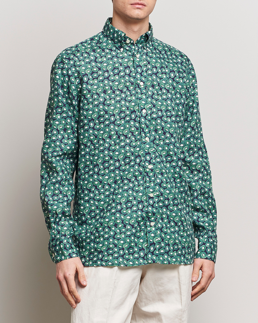 Herre | Hørskjorter | Eton | Contemporary Fit Printed Linen Shirt Green Kiwi