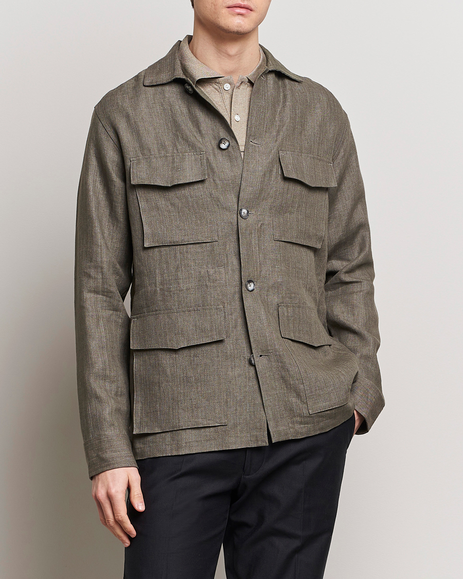 Herre | Tøj | Eton | Heavy Linen Drawstring Field Jacket Dark Green