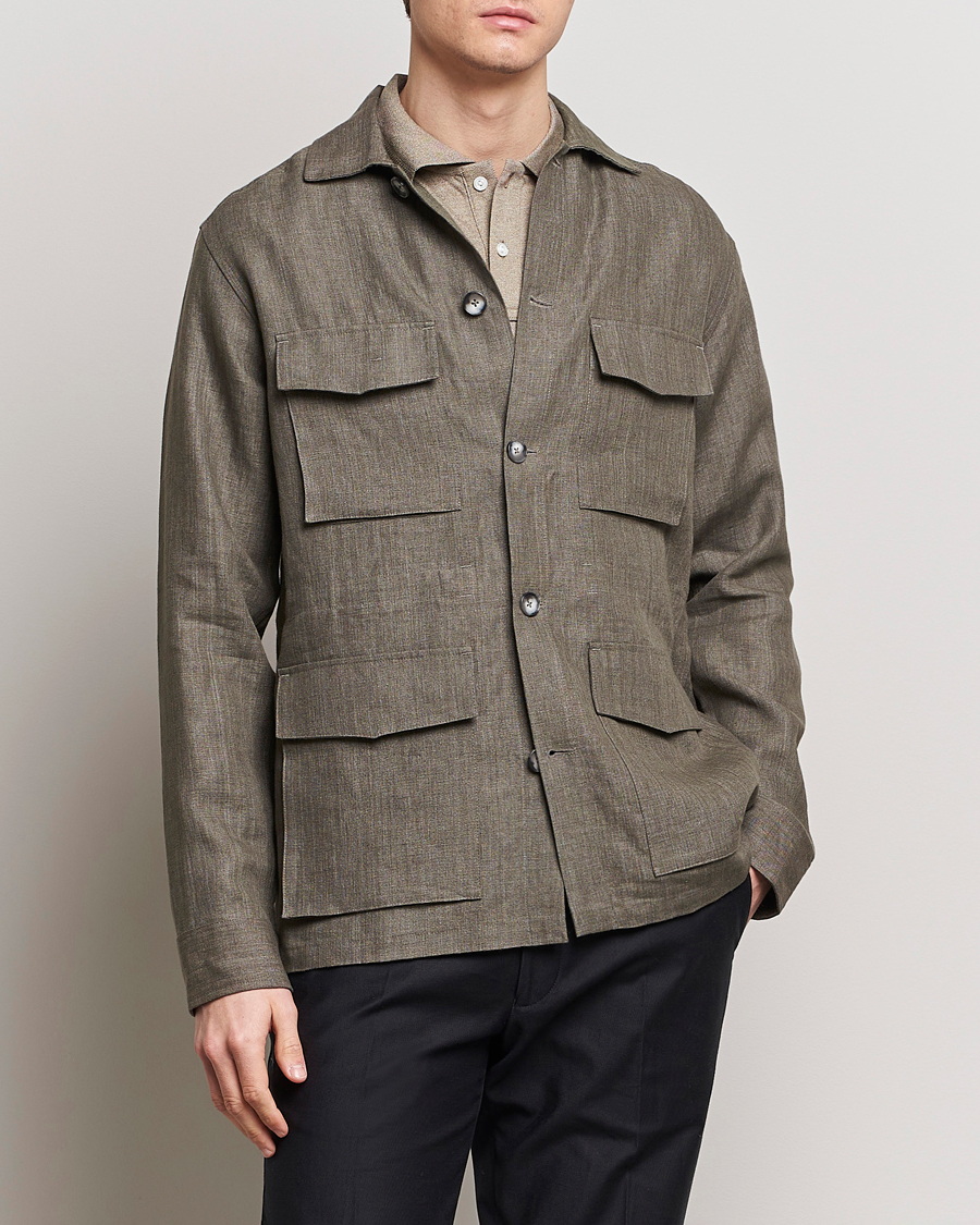 Herre | Udsalg | Eton | Heavy Linen Drawstring Field Jacket Dark Green