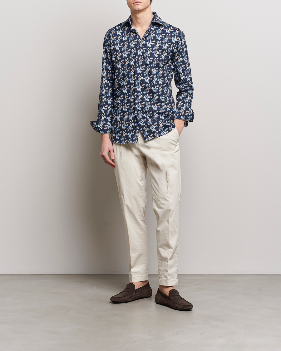 Herre |  | Eton | Slim Fit Twill Printed Flower Shirt Navy Blue