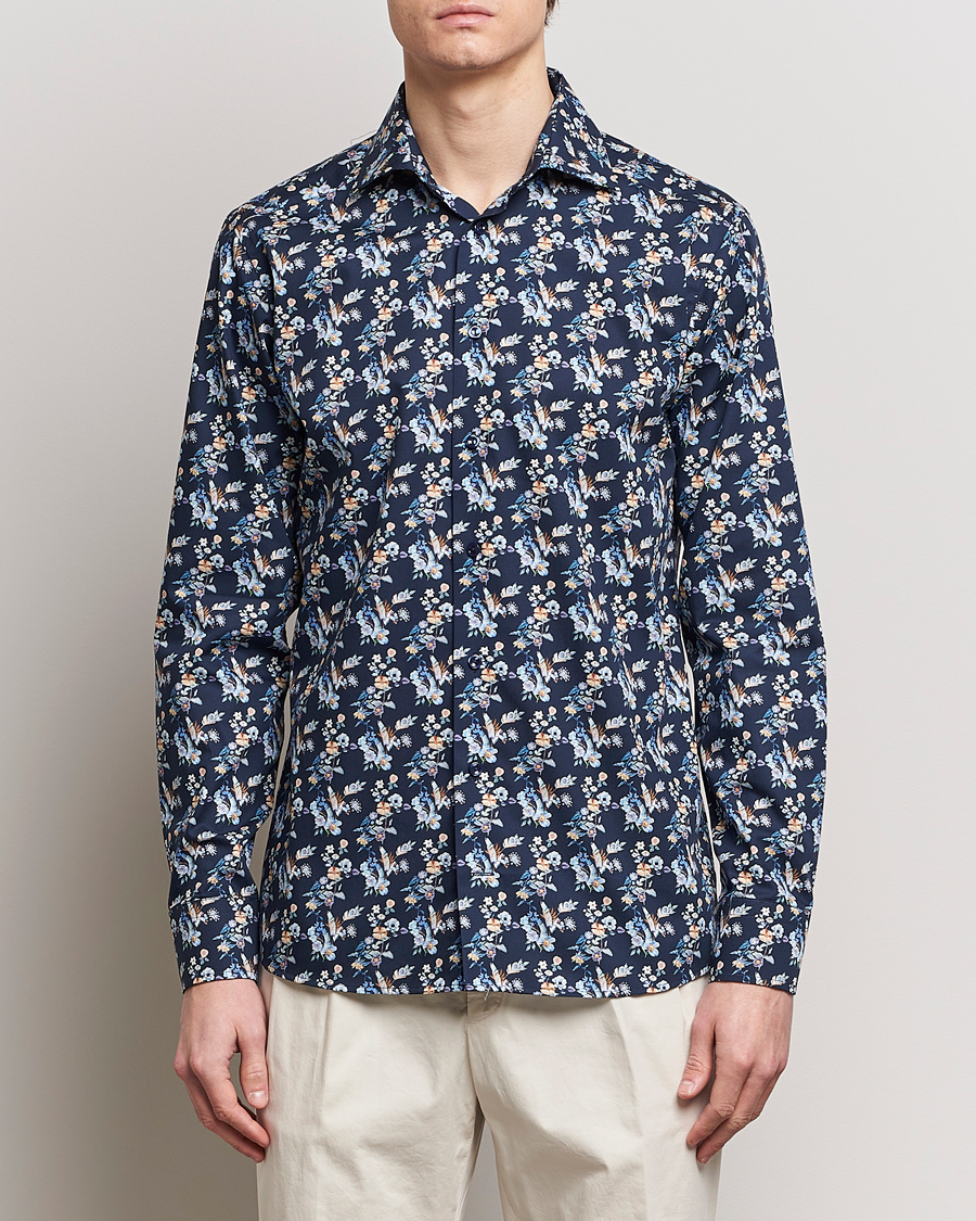 Herre | Businesskjorter | Eton | Slim Fit Twill Printed Flower Shirt Navy Blue