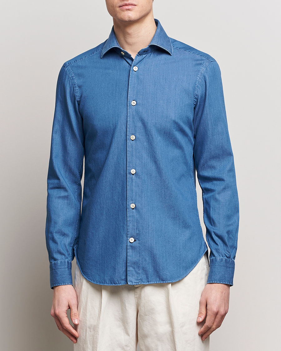 Herre | Skjorter | Kiton | Slim Fit Denim Shirt Light Indigo