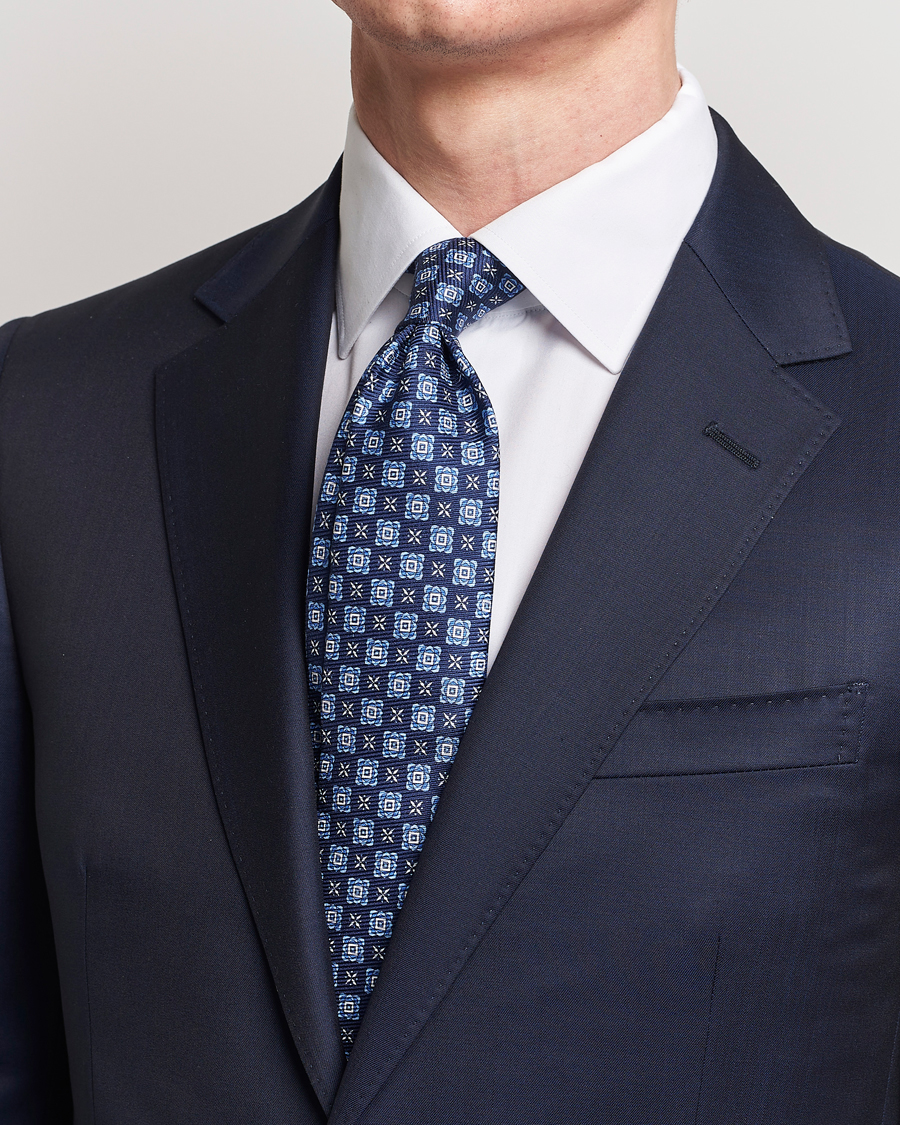 Herre | Italian Department | Kiton | Printed Medallion Silk Tie Navy