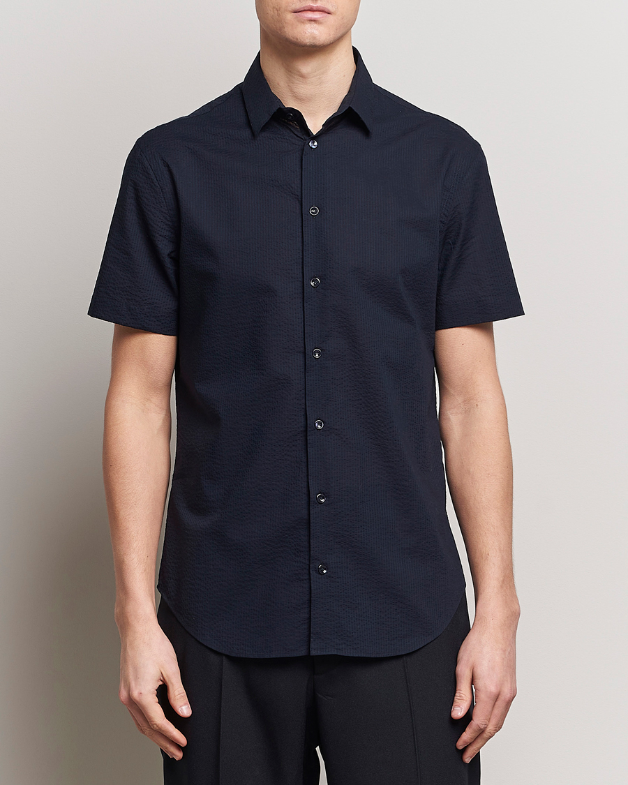 Herre | Italian Department | Giorgio Armani | Short Sleeve Seersucker Shirt Navy