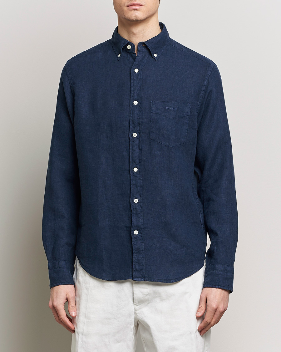 Herre | Linskjorter | GANT | Regular Fit Garment Dyed Linen Shirt Marine