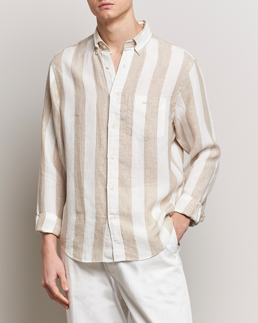 Herre | Nye produktbilleder | GANT | Regular Fit Bold Stripe Linen Shirt Beige/White