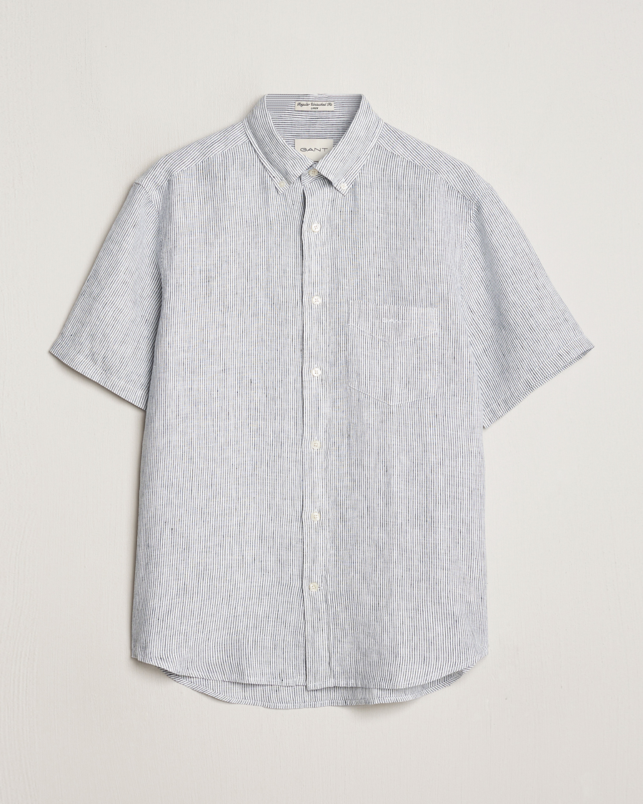 Herre | Skjorter | Gant | Regular Fit Striped Linen Short Sleeve Shirt White/Blue