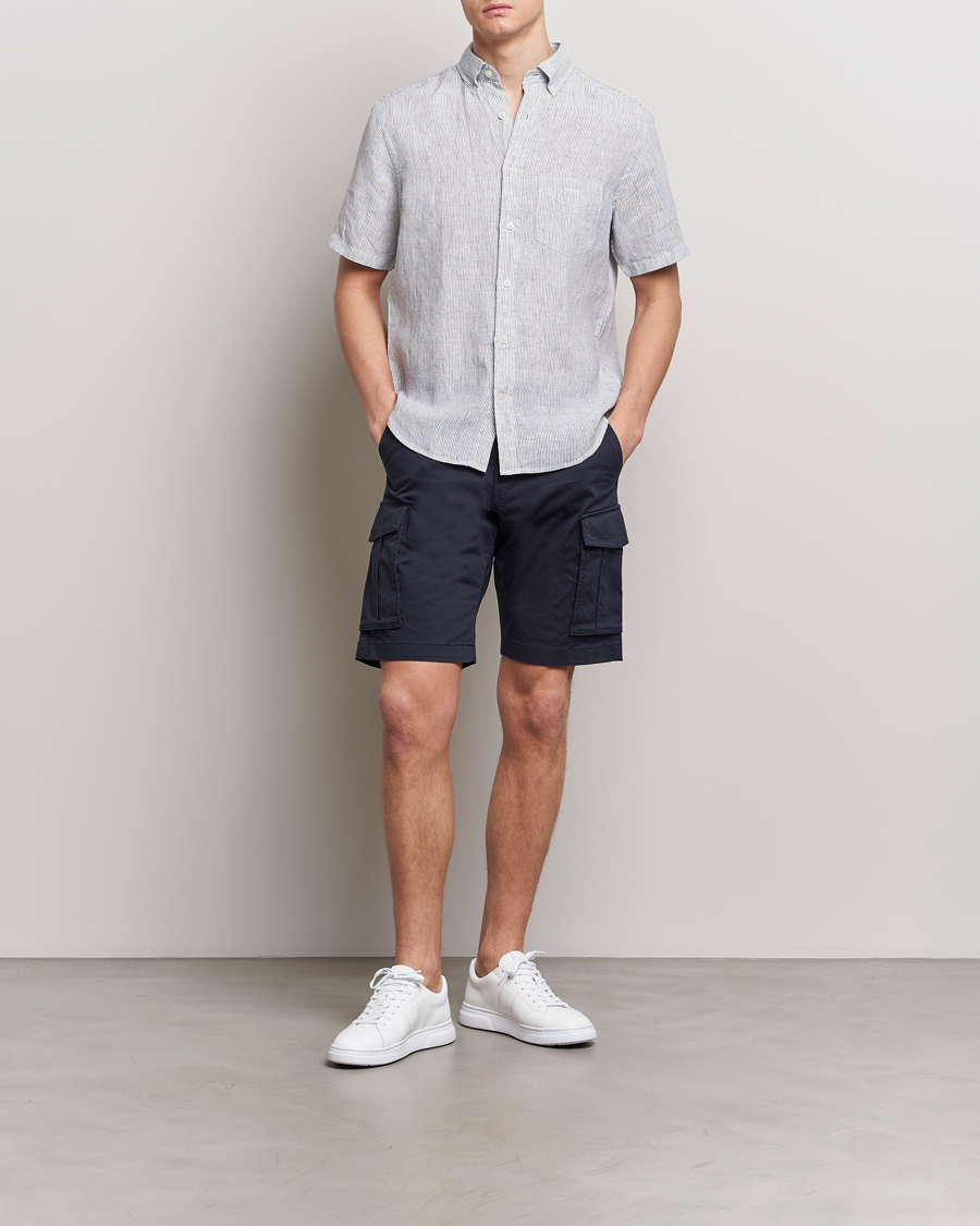Herre | Skjorter | Gant | Regular Fit Striped Linen Short Sleeve Shirt White/Blue