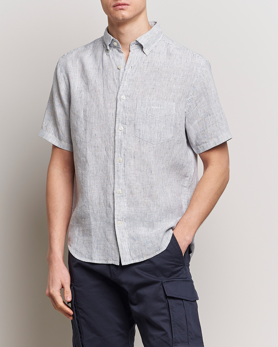 Herre | Skjorter | Gant | Regular Fit Striped Linen Short Sleeve Shirt White/Blue