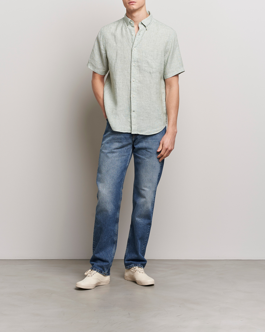 Herre | Skjorter | GANT | Regular Fit Striped Linen Short Sleeve Shirt Green/White