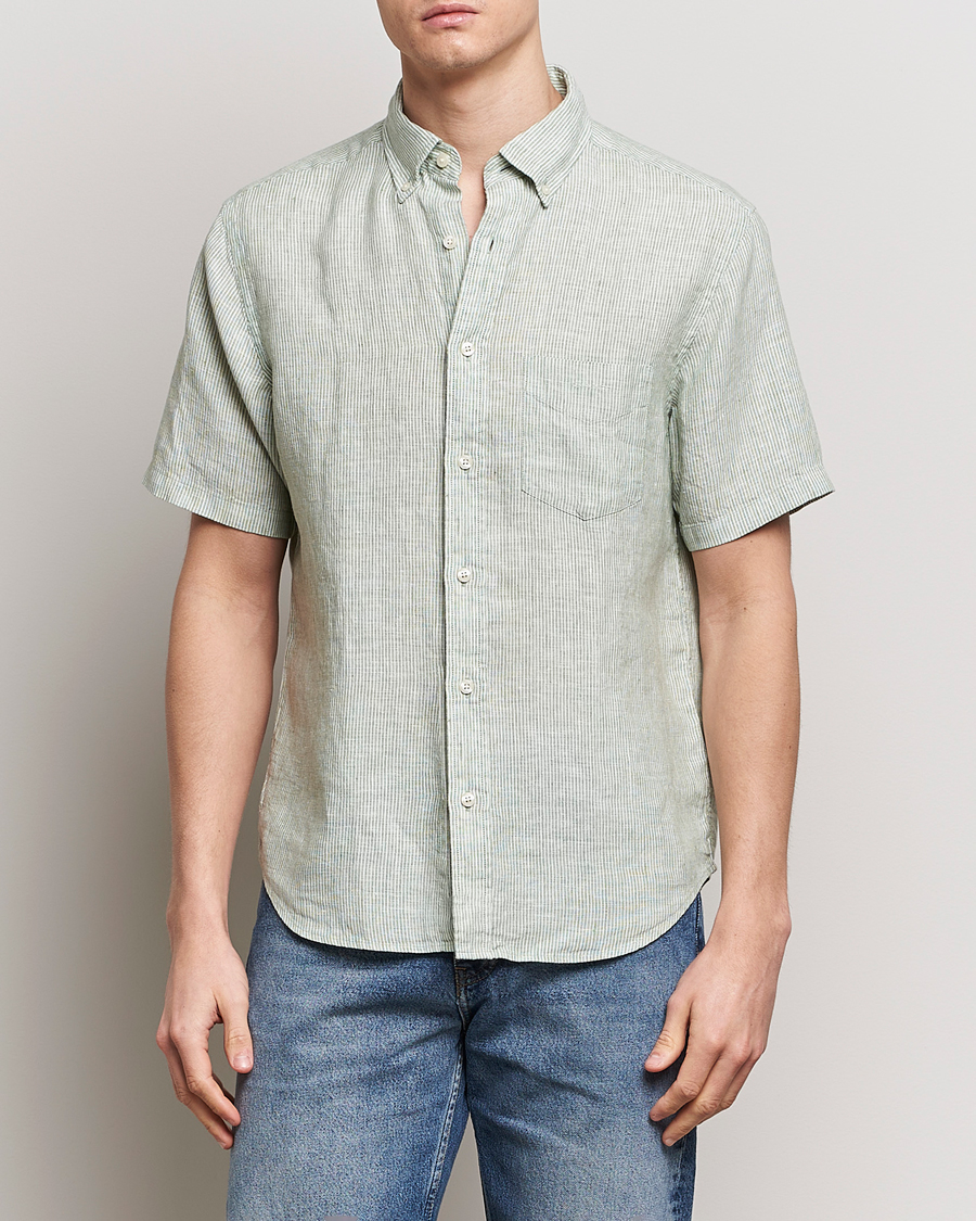 Herre | Nyheder | GANT | Regular Fit Striped Linen Short Sleeve Shirt Green/White