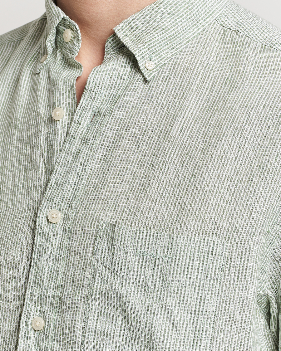 Herre | Skjorter | GANT | Regular Fit Striped Linen Short Sleeve Shirt Green/White