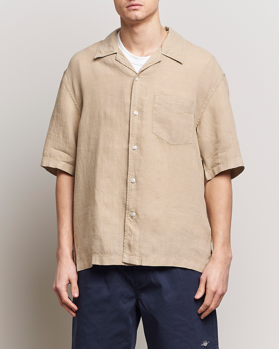Herre | Skjorter | GANT | Relaxed Fit Linen Resort Short Sleeve Shirt Concrete Beige