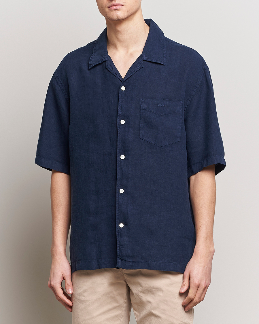Herre | GANT | GANT | Relaxed Fit Linen Resort Short Sleeve Shirt Marine