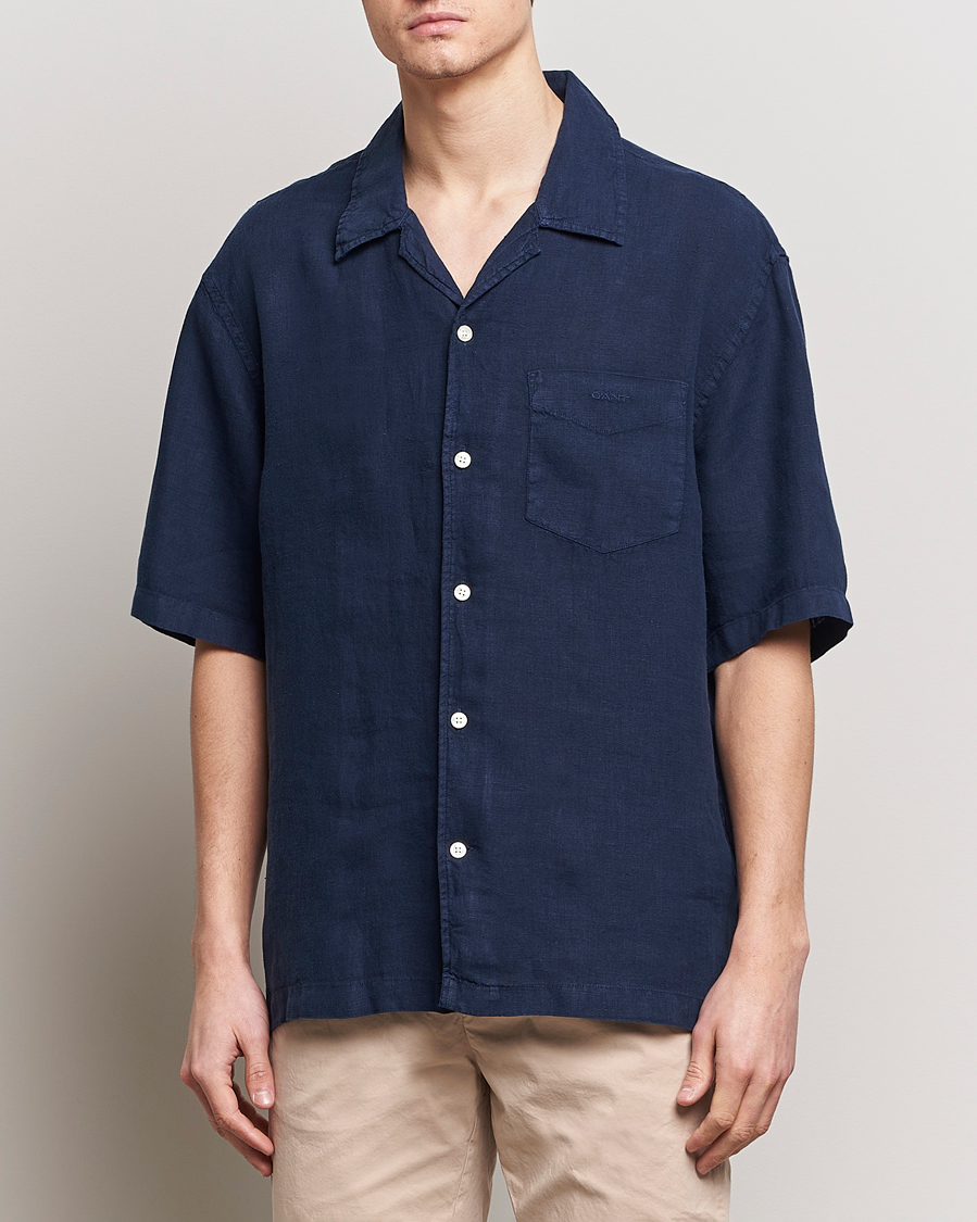 Herr | GANT | GANT | Relaxed Fit Linen Resort Short Sleeve Shirt Marine