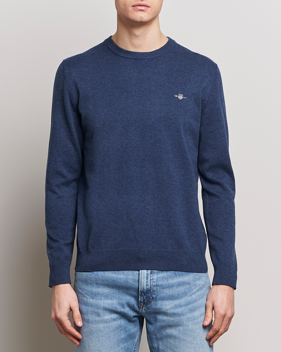 Herre | Pullovers med rund hals | GANT | Classic Cotton Crew Neck Dark Jeans Blue Melange