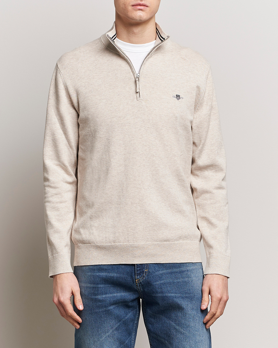 Herr | GANT | GANT | Classic Cotton Half Zip Light Beige Melange