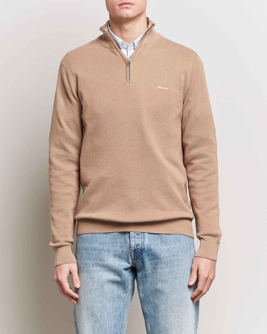 Herre | Loyalitetstilbud | GANT | Cotton Pique Half-Zip Sweater Dark Khaki