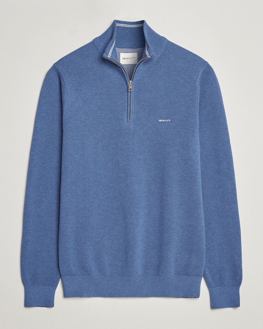Herre | Trøjer | GANT | Cotton Pique Half-Zip Sweater Denim Blue Melange