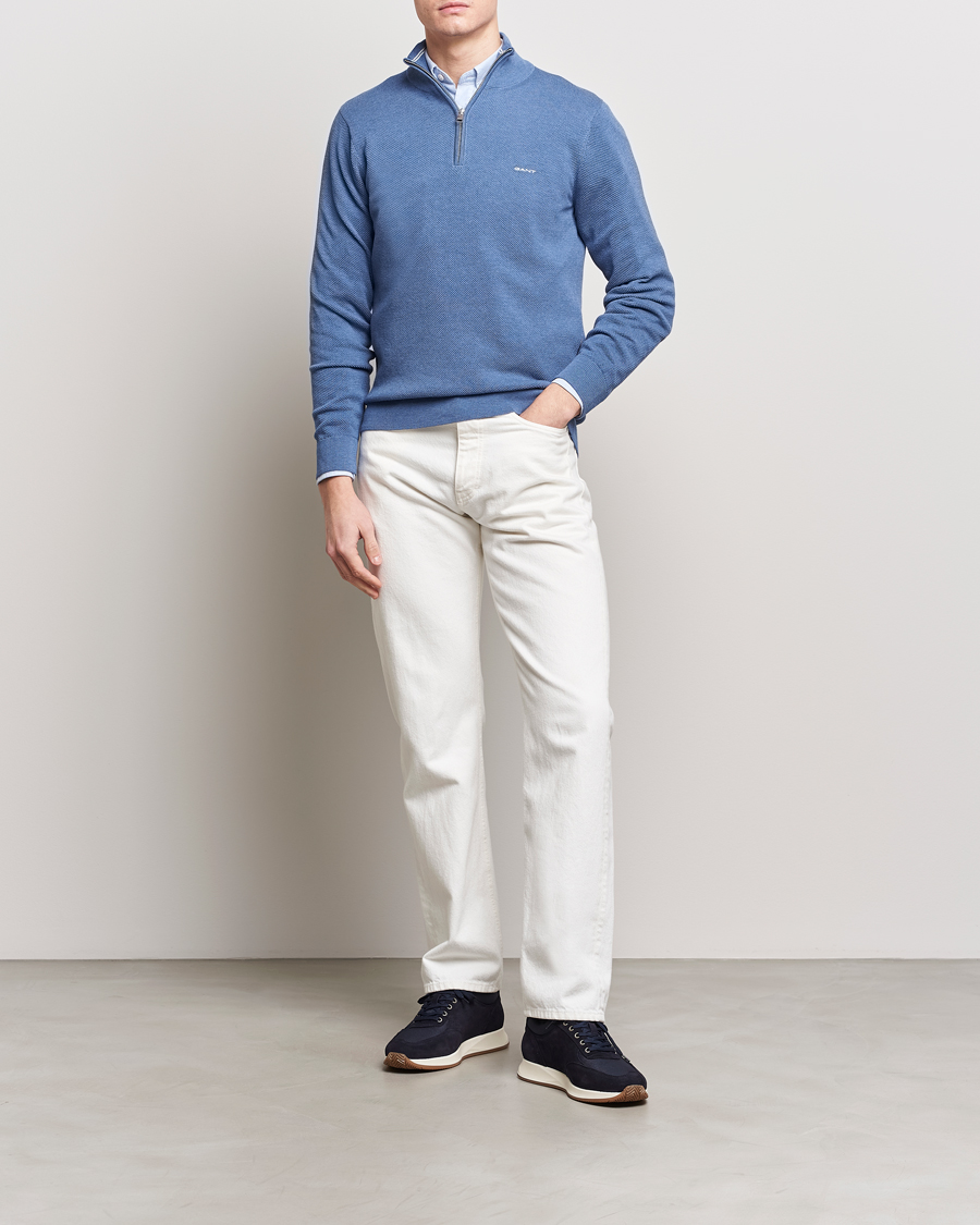 Herre | Trøjer | GANT | Cotton Pique Half-Zip Sweater Denim Blue Melange
