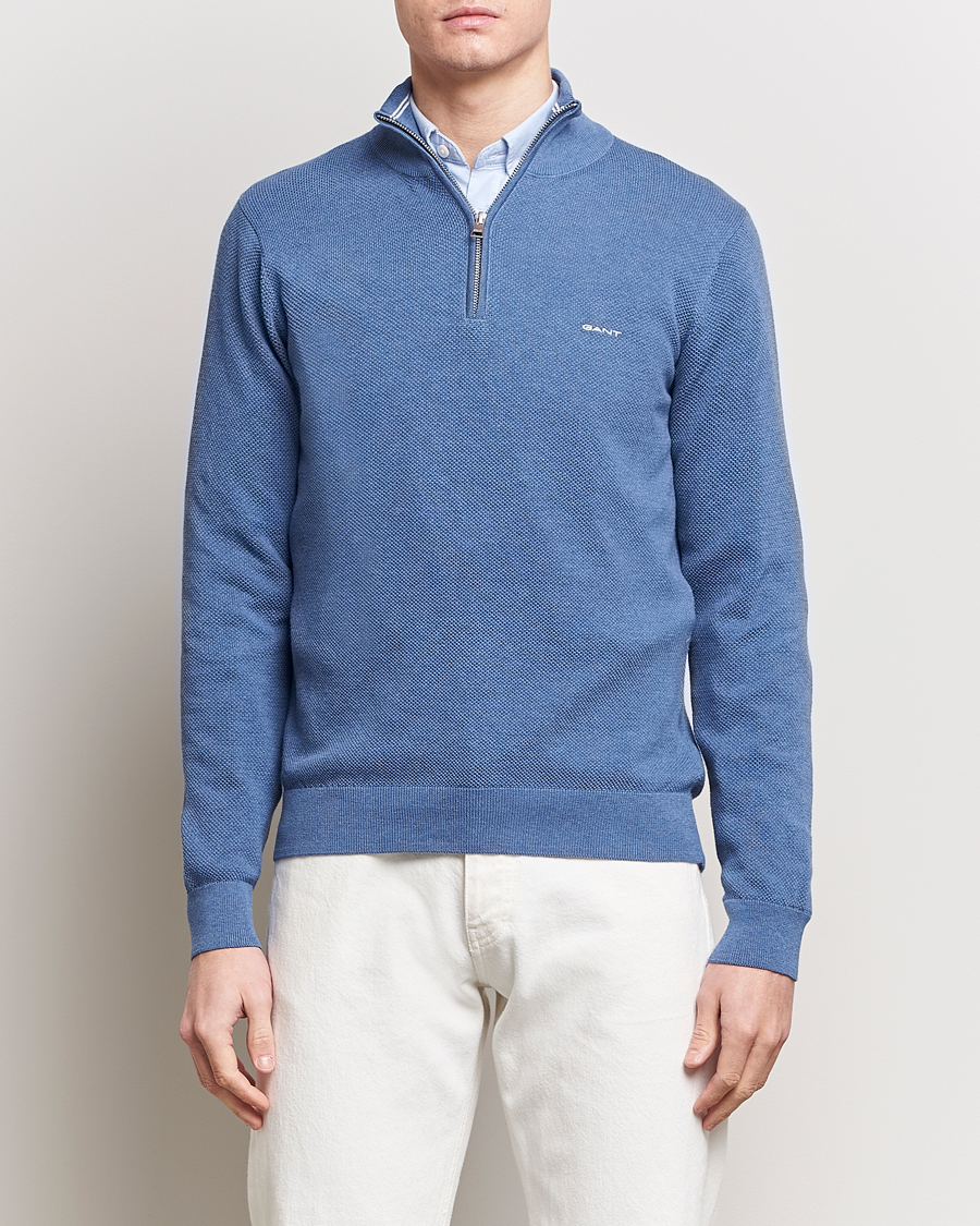 Herre | Loyalitetstilbud | GANT | Cotton Pique Half-Zip Sweater Denim Blue Melange