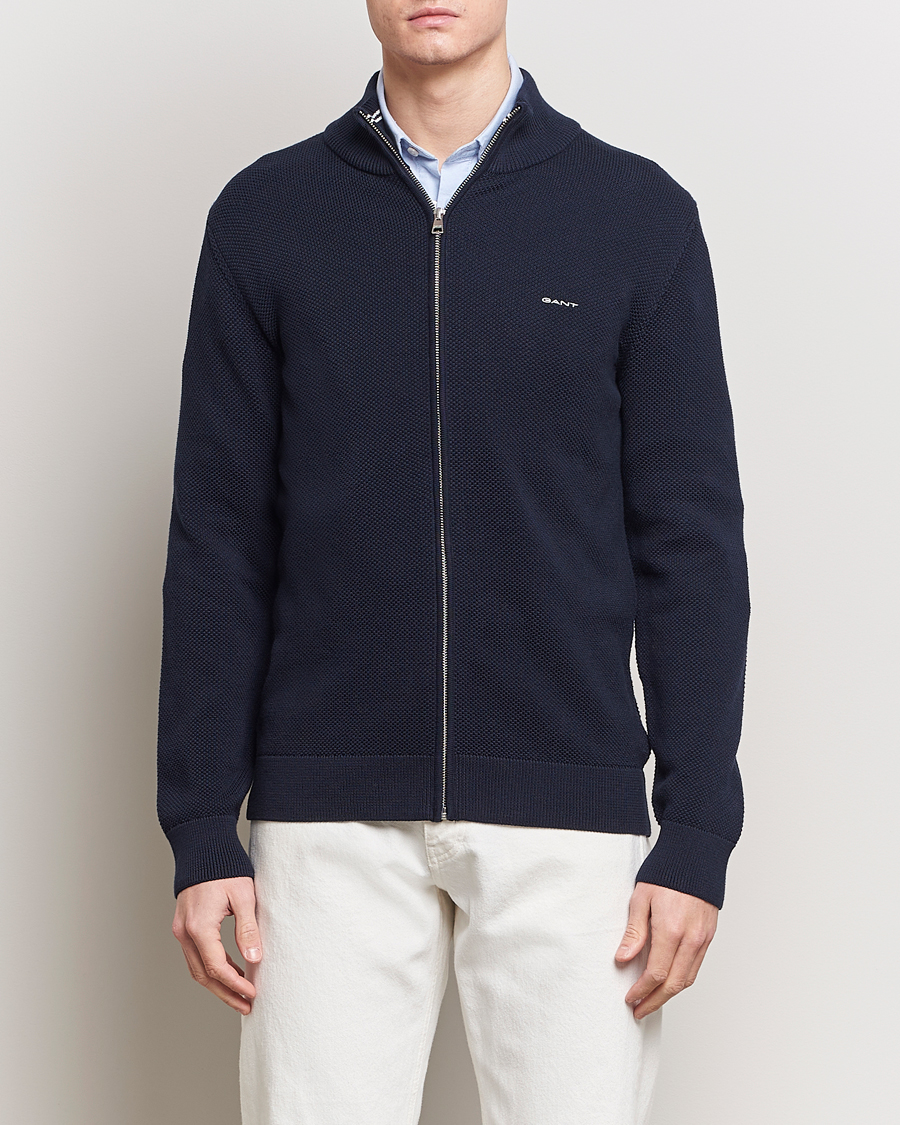 Herre | Udsalg | GANT | Cotton Pique Full-Zip Sweater Evening Blue