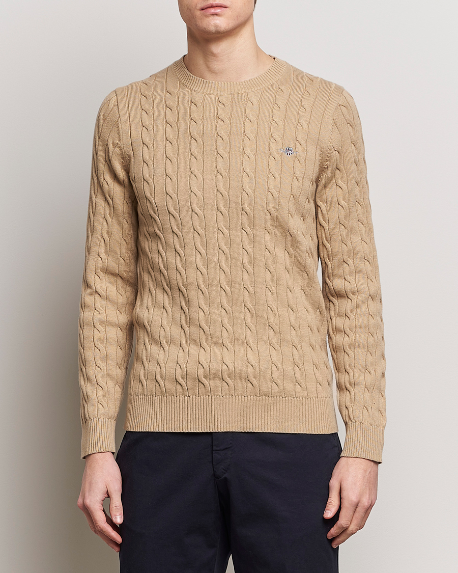 Herre | Tøj | GANT | Cotton Cable Crew Neck Pullover Dark Khaki