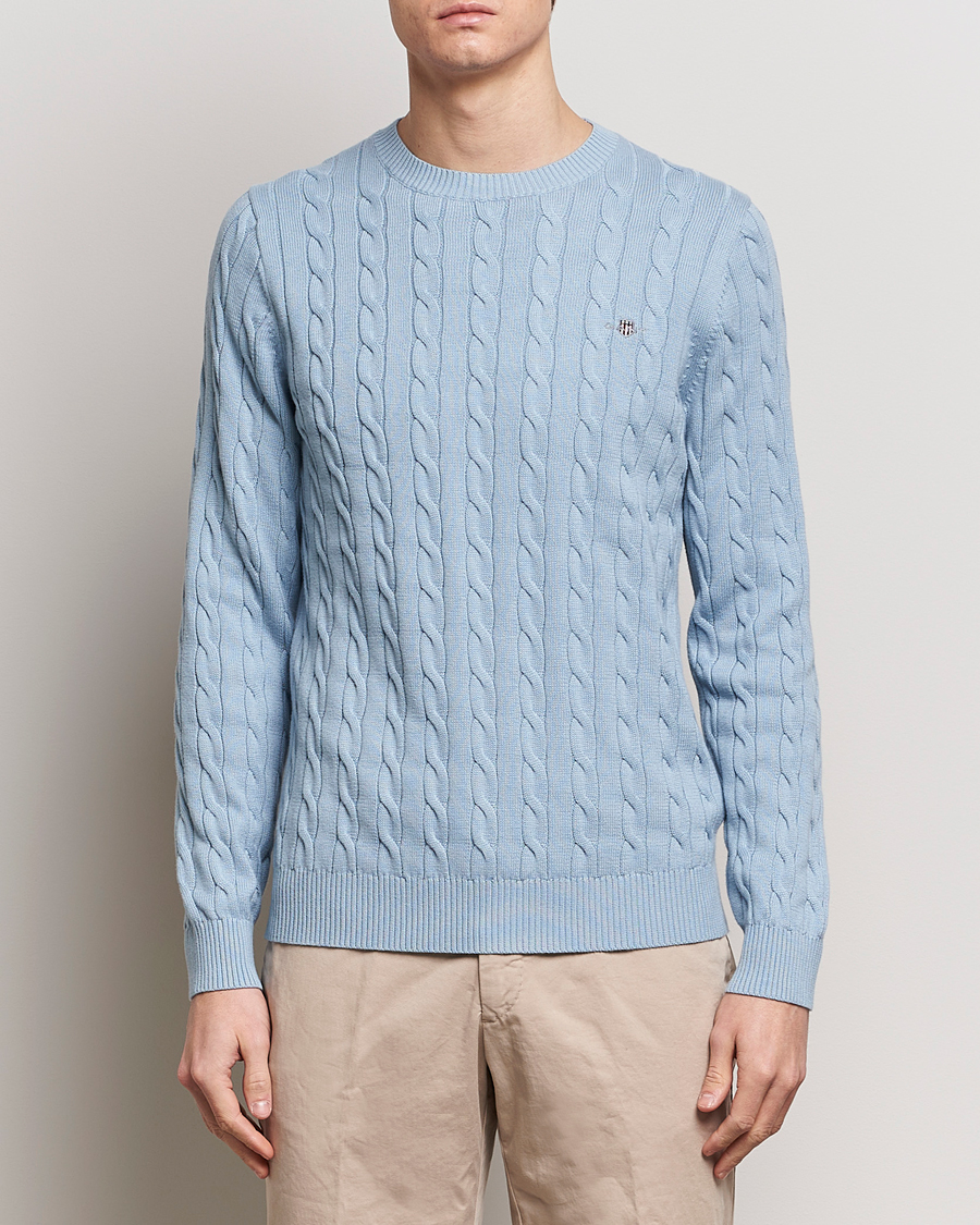 Herre | Tøj | GANT | Cotton Cable Crew Neck Pullover Dove Blue