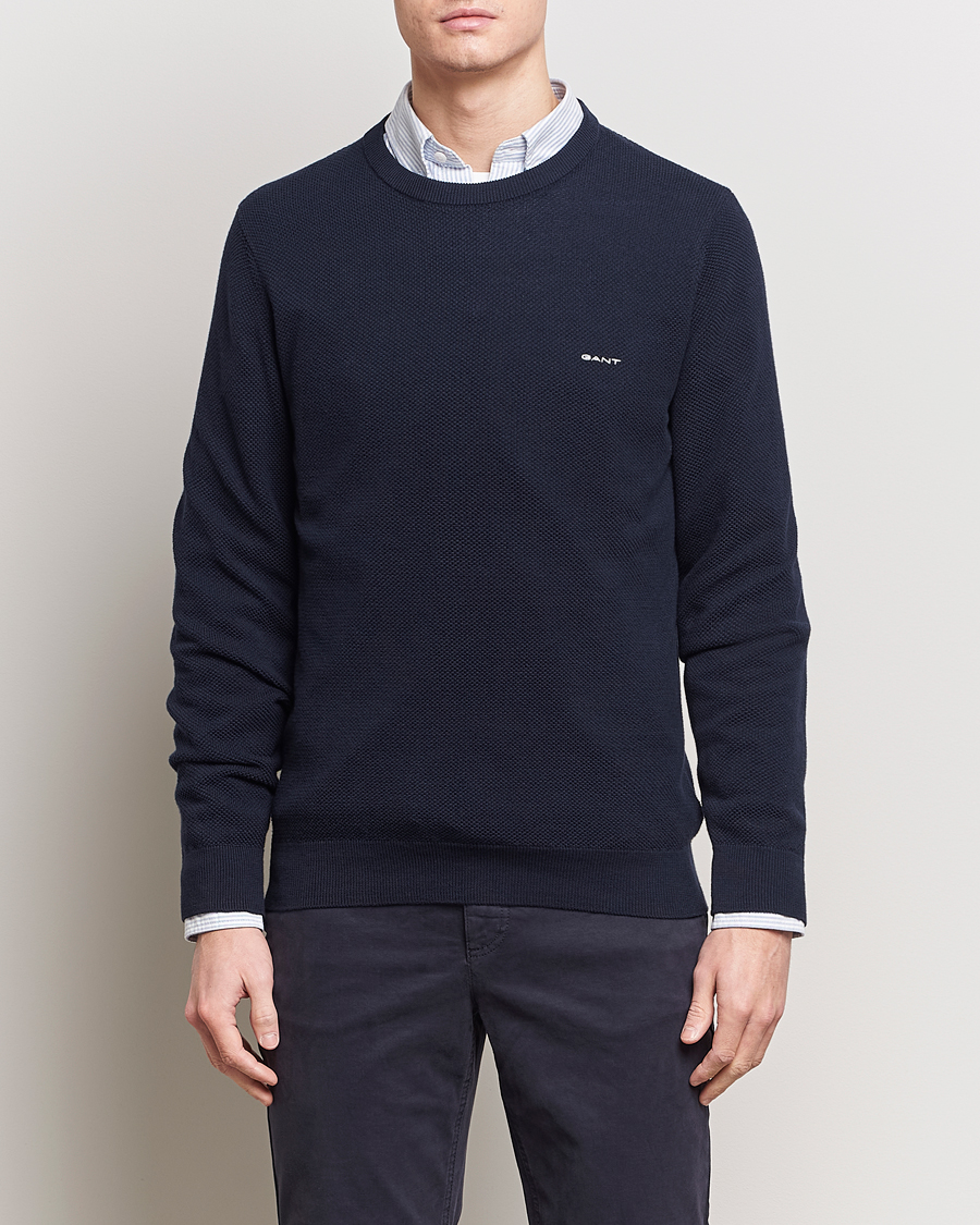 Herre | GANT | GANT | Cotton Pique Crew Neck Sweater Evening Blue