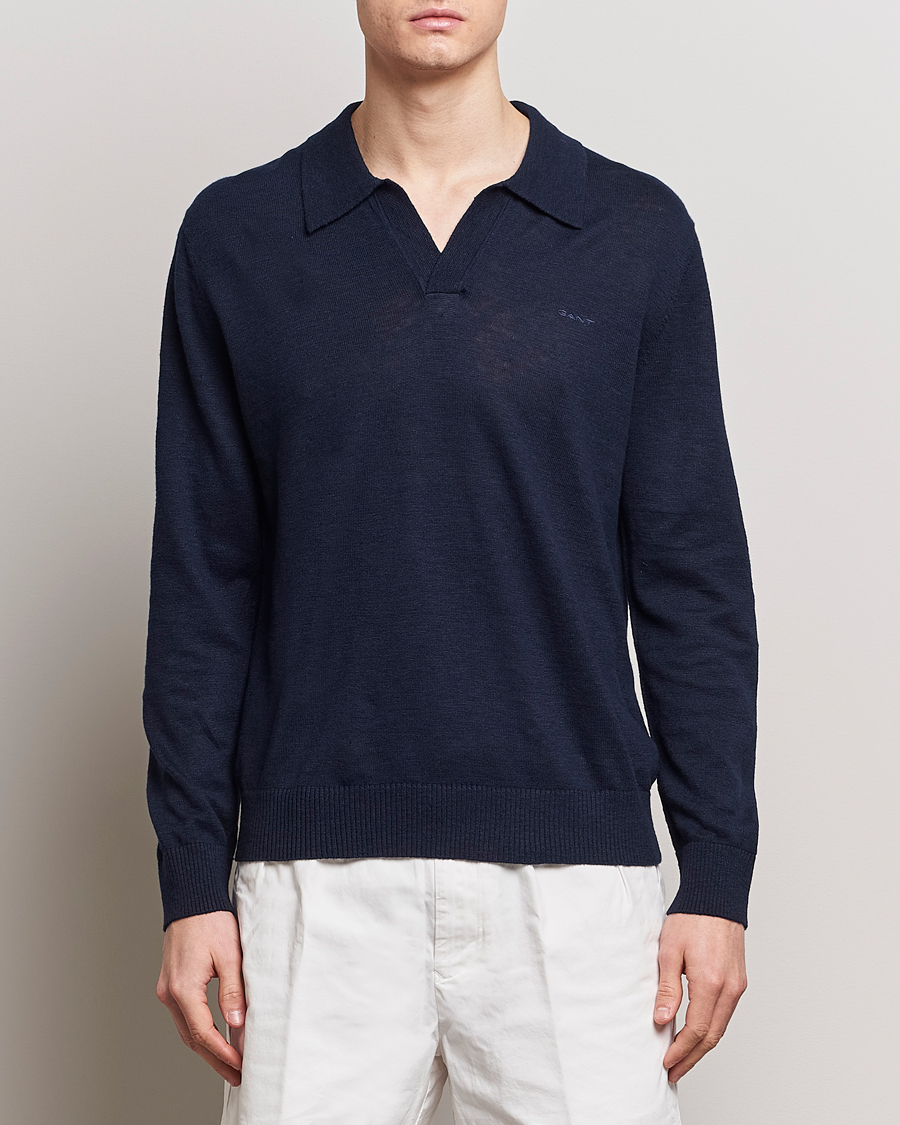 Herre | Udsalg tøj | GANT | Cotton/Linen Knitted Polo Evening Blue