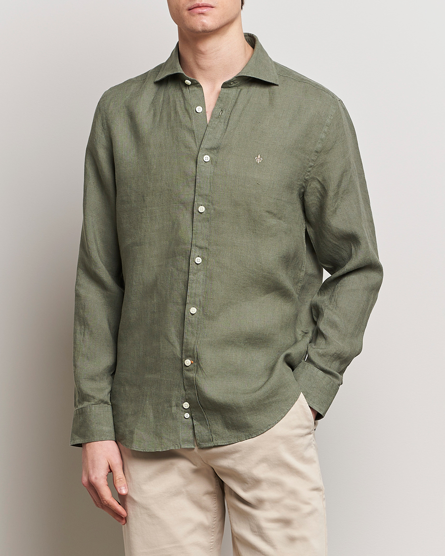 Herre | Nyheder | Morris | Slim Fit Linen Cut Away Shirt Olive