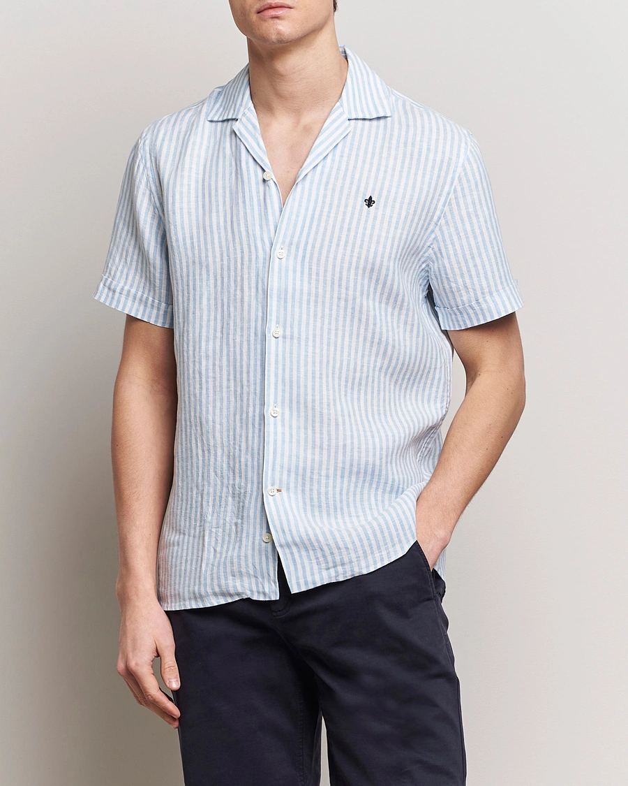 Herre | Nyheder | Morris | Striped Resort Linen Short Sleeve Shirt Light Blue